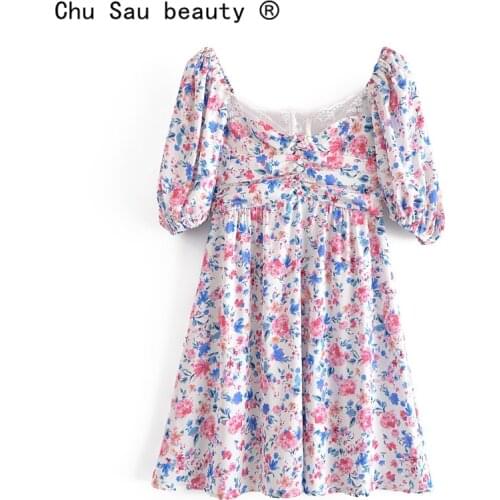 New Fashion Sweet Chic Floral Print Mini Dress Women Summer Streetwear Style Lace Patchwork V-neck Dresses Female Vestidos