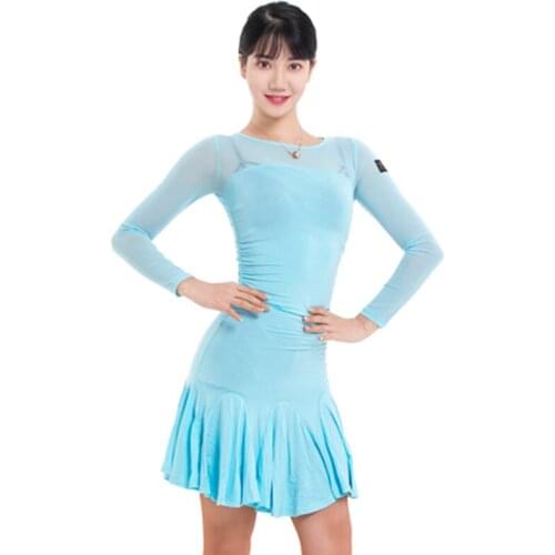 Latin Dance Dress Women Prom Performance Stage Dresses Long Sleeve Rufle Tango Cha Cha Profession Competition Clothing YS1777