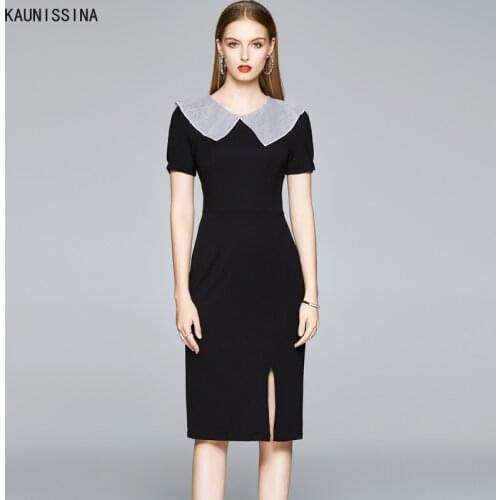 Women Elegant Black Dress Casual Short Sleeve O-Neck Knee-Length Pencil Dress Ladies Vintage Summer Party Gown Office OL Dresses