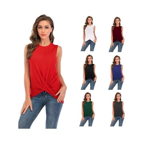 Vest Womens Sleeveless Top Summer Solid Color T-shirt Elegant Lace-up Vest Lady Camis Femme Casual O-Neck Ladies T-shirt