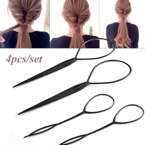 4pcs Black Topsy Tail Hair Braid Ponytail Maker Hair Styling Tools Ponytail Creator Plastic Loop Hair Tools Accessories