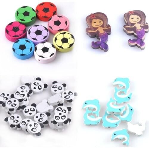50PCS Cute Animal Natural Wooden Beads Colorful Mermaid Football Panda Dolphin Beads for DIY Necklace Bracelet Jewelry Making