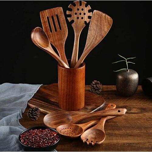 8 Pcs Teak Wooden Kitchen Cooking Utensils Spoons and Spatula for Cooking Sleek Non-stick Cookware for Home Use and Kitchen