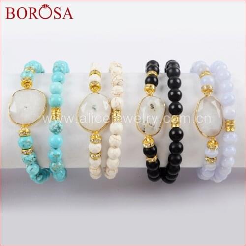 BOROSA 5PCS Gold Color Natural White Solar Quartz Faceted With 8mm Stone Beads Bracelets Mixed Colors for Women Jewelry G1549