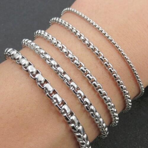 Customizes 3mm/4mm/5mm 22cm Mens Round Box Chain Bracelet 316L Stainless Steel Bracelet Fashion Jewelry UOK983