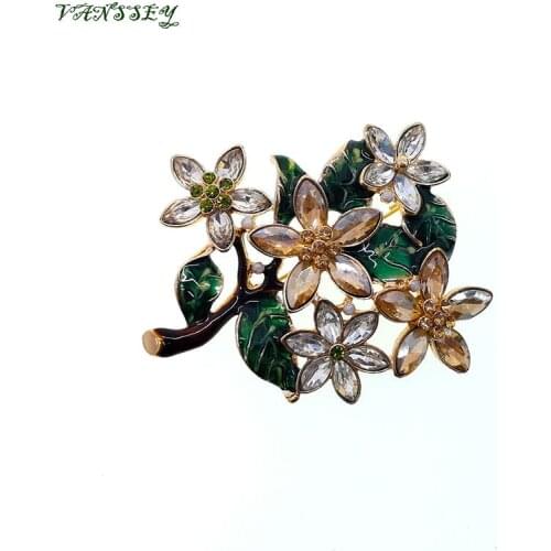 Vanssey Vintage Flower Branch Glass Rhinestone Green Enameled Brooch Pin Scarves Wedding Accessories for Women