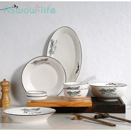 Household Chinese Style Ceramic Dishes And Tableware Ceramic Plate Serving Platter For Kitchen Dinner Set Plates And Dishes