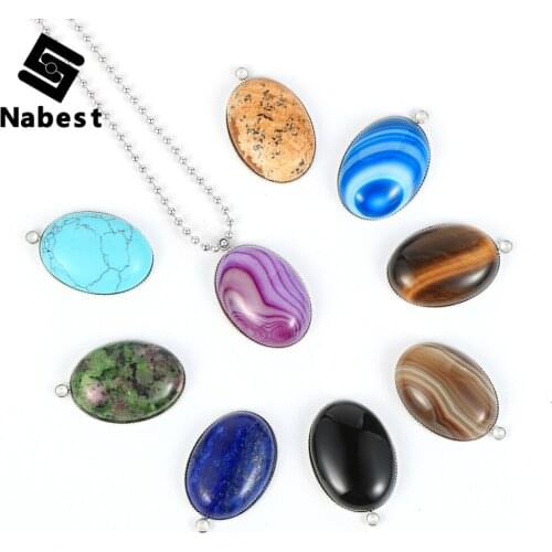 Women Men Natural Gem Stone Oval Drop Pendant Necklace Lapis Lazuli Green Aventurine Opal Onyx Alloy Clavicle Chain Jewelry