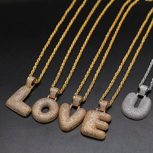 Hip Hop A-Z Bubble CZ Alphabet Pendant Name Necklace For Men Women 26 Letters Gold Color Chain Necklace Fashion Jewelry Gift