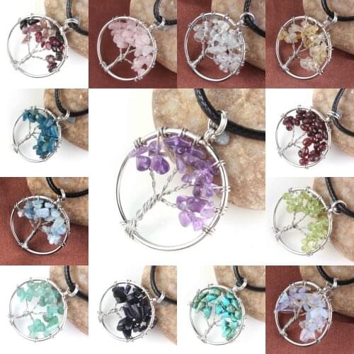 KFT Wire Wrapped Tree Of Life Natural Healing Crystal Quartz Amethysts Crystal Round Chakra Reiki Stone Pendant Necklace