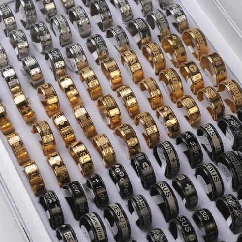 Wholesale 20pcs/Lot Jesus Cross Stainless Steel Rings For Men Women Jewelry Mix Style Golden Silver Black Colors