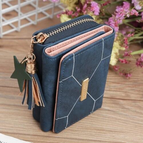 Womens Short Wallet Geometric Patchwork Coin Purse Fashion Wallets Card Holder Small Zipper Tassel Wallet Female Mini Clutch