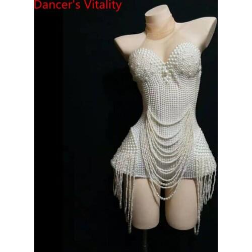 DJ Singer Yoga Pole Jazz Disco Dancing Group Slap-up White Elastic Bead Tassel Short Body Suit Splicing Leotard Stage Wear