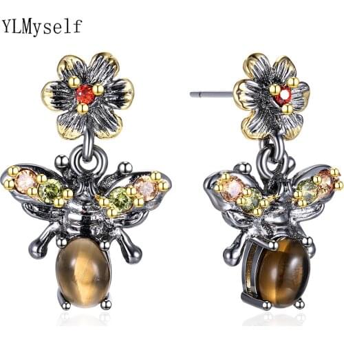 Beautiful cute animal drop earring smokytopaz stone colorful crystal bee jewelry Black gold 2 tone plate nice dangle earrings