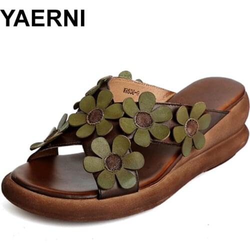 YAERNI2021 Summer first layer cowhide fish mouth flower womens shoes sponge cake bottom leather sandals and slippers