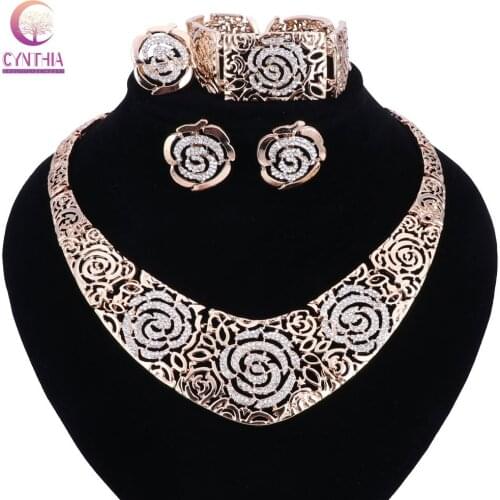Hot Sales Fashion Vintage Hollow Out gold Color Rose Flower Crystal choker Collar Short Chain Necklace Bangle Earing Ring Sets