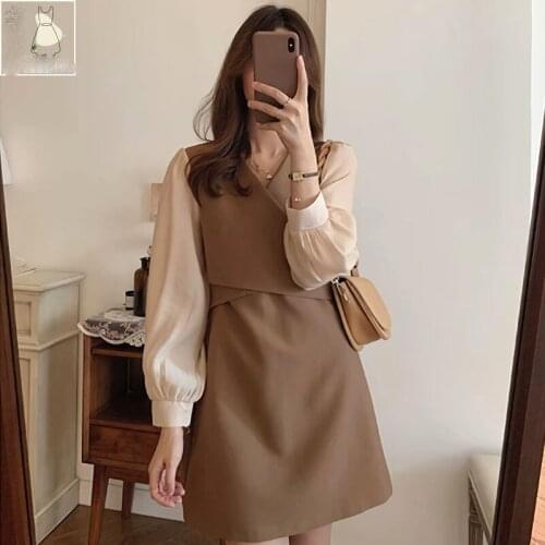 New French retro v-neck Fake twodressHigh waist waist slim long sleeve temperament goddess fan short Minidress2021 spring autumn