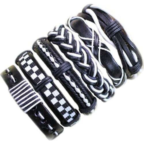Black&White Bangles (6pcs/lot) Handmade Ethnic Genuine Charming Leather Bracelet For Women S65
