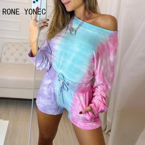 Women Casual Sloping Cold shoulder Lace-up Pocket Tie Dye Rompers