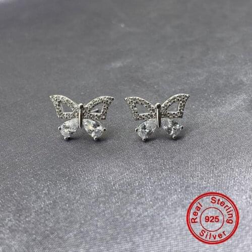S925 Sterling Full Diamond Butterfly Stud Earrings For Women Simple AAA Zircon Silver Earring Wedding Birthday Fine Jewelry Gift