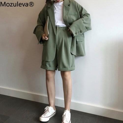 Mozuleva Women Retro Loose Blazer Sets Single-breasted Jacket & Pencil Shorts 2 Pieces Sets Female Office Ladies Blazer Suits
