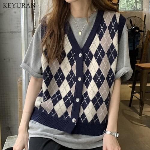 Women Korean Sweater Vest Knitting Pullovers Sleeveless Waistcoat Vintage Cardigan Geometric Argyle V Neck Female Sweaters Tops