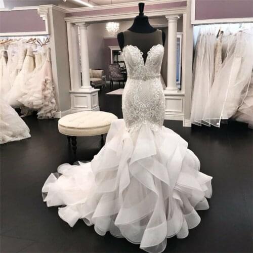 Vestido De Novia 2021 Sexy Wedding Dress Mermaid Bridal Dress Lace Ruffles Illusion Back Elegant Wedding Gowns Robe de Mariage