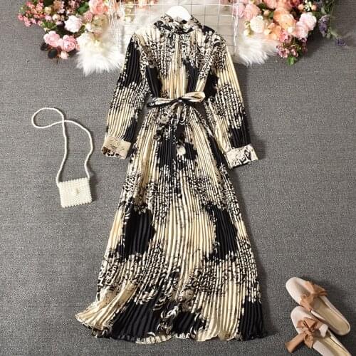 Vintage Long Dress Long Sleeve Women 2021 Spring Fall New Loose A-Line Printed Leopard Pleated Female Dresses Elegant Robe