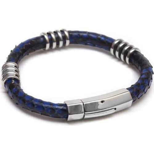 10pcs) Blue 5mm Natural Python Python Skin leather with Silver Stainless Steel Clasp Buckle Bracelet Bangle for Men Women gift