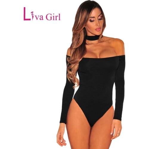 Liva Girl Black Choker Long Sleeve Bodysuit Woman Sexy Off Shoulder Spring Bodycon Jumpsuits White Rompers Club Body Tops Femme