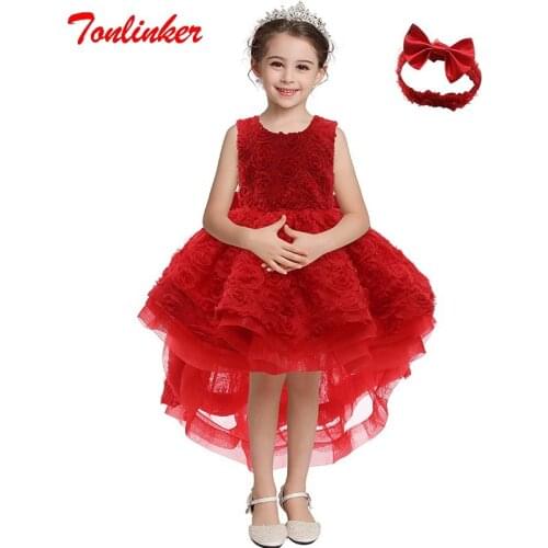 Birthday Party Dresses For Kids Baby Girl Bowknot Princess Dress Little Girl Toddler Lace Embroidered Ball Gown With Headdress