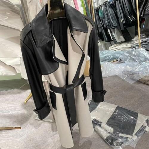 Long Leather Windbreak Womens Genuine Lambskin Coat