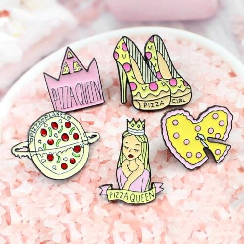 Sweet Pizza Queen girl Enamel Brooches cheese Planet Heart crown High heels shoes Pin Lapel package badge Food Jewelry Gift Kids