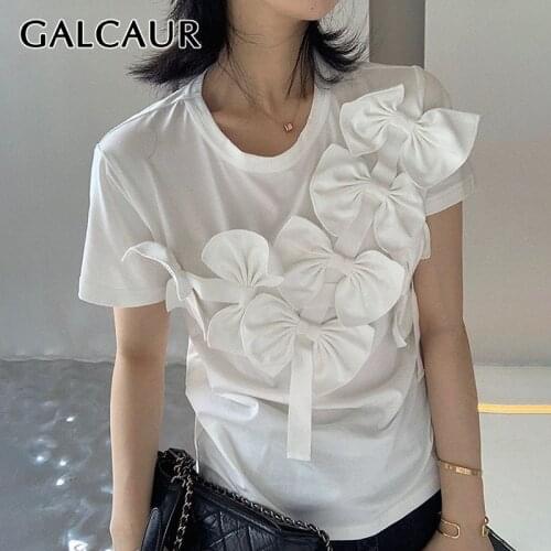 GALCAUR Designer T Shirt For Women O Neck Short Sleeve Patchwork Bowknot Loose Casual T Shirts Female 2021 Summer Clothing Tide