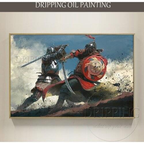 Skilled Painter Hand-painted High Quality Medieval War Fierce duel Oil Painting Warriors Fighting Oil Painting for Living Room