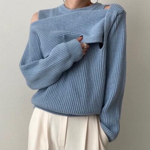 Korea Chic Autumn and Winter New Style Western Style Hole Design Sense Off-Shoulder Round Neck Loose Cardigan Knit Sweater Women