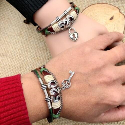 2PCS/Set Punk Leather Bracelets for Lovers Key Lock Charm Bracelets & Bangles 520 Gifts