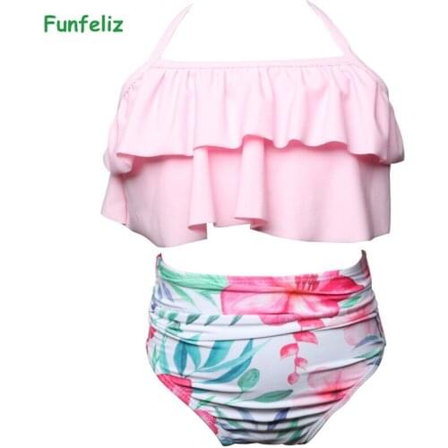 Baby Girl Swimsuit Two Pieces Swimwear for Children Split Swim Wear Kids Bikini Swimming Suits Kids Tankini Floral High Waist