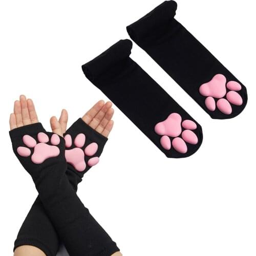 Cute Kitten Fingerless Mittens Pawpads Gloves Women Girls Christmas Halloween Cosplay 3D Silicone Cat Paw Gloves Socks Stockings