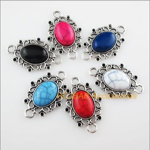 Fashion 6Pcs Tibetan Silver Oval Mixed Stone Charms Pendant Connectors 25x37.5mm