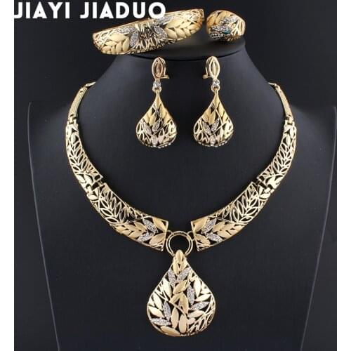 Jiayijiaduo Indian Jewelry Sets Gold Color Necklace Leaf Earring Bracelet Wedding Decoration Jewellery for Womens Jewelry