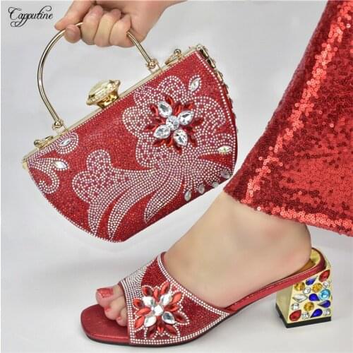 Latest Red Woman High Heels Shoes With Bag Set African Ladies Sandals And Purse Handbag Pumps Slippers Sac 938-9 Height 6.5CM