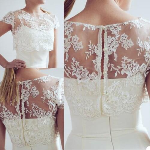 2020 New Wedding Jacket Capped Sleeve Beads Appliques Lace White Ivory See Through Short Bridal Bolero Jackets Top Wedding Wrap