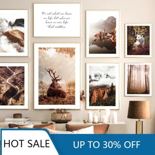 Cloud Mountain Sunlight Forest Lake Deer Wolf Nordic Wall Art Canvas Painting Posters Prints Wall Decor For Home Decoration