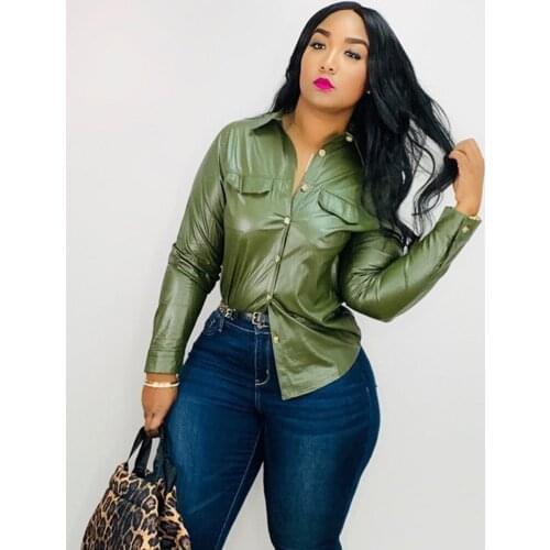 Autumn Winter PU Leather Shirts for Women Causal Turn-down Collar Blouse Shirt Streetwear Single-breasted Chic Pocket Shirt Tops