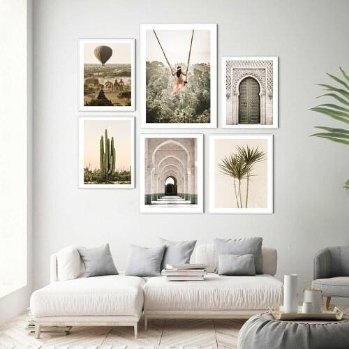 Morocco Door Art Canvas Poster Girl on The Swing Minimalist Print Painting Green Plant Wall Picture for Living Room Home Decor