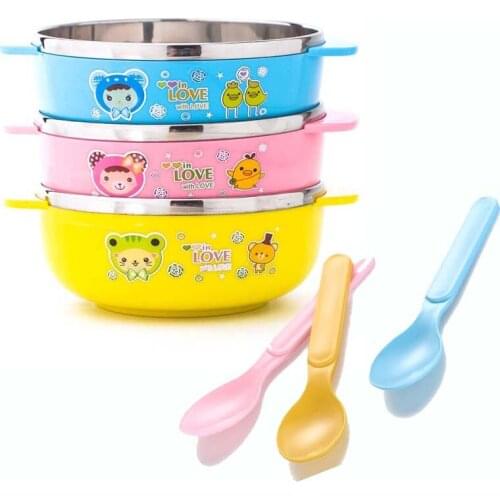 Baby Feeding Food Tableware Cartoon Kids Dishes Baby Eating Stainless Steel Dinnerware Sets Anti-hot Baby Training Bowl Spoon