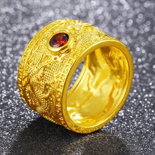 Size 6/7 Thick Ring Band Double Dragon Pattern Yellow Gold Filled Classic Womens Mens Finger Ring