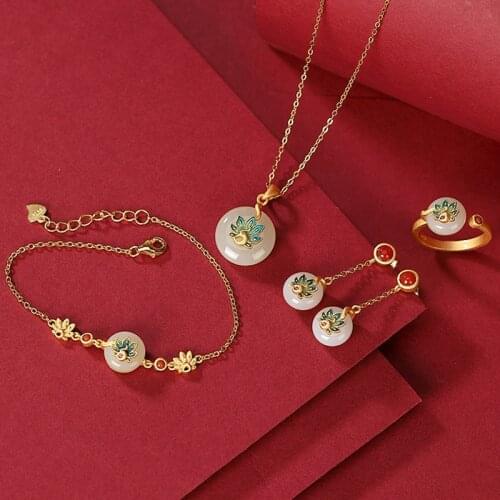 S925 sterling silver gold-plated cloisonne Hetian jade national fashion peacock safety buckle earrings rings pendants bracelet