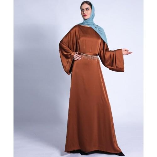 Diamond Silky Mulsim Dress Abaya Dubai Kaftan Satin Muslim Abayas Dresses Women Casual Robe Femme Caftan Islam Clothes wy330
